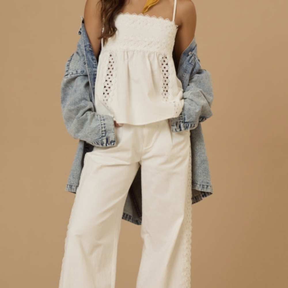 Altar'd State White Elode Babydoll Top And White Wide Leg Pants